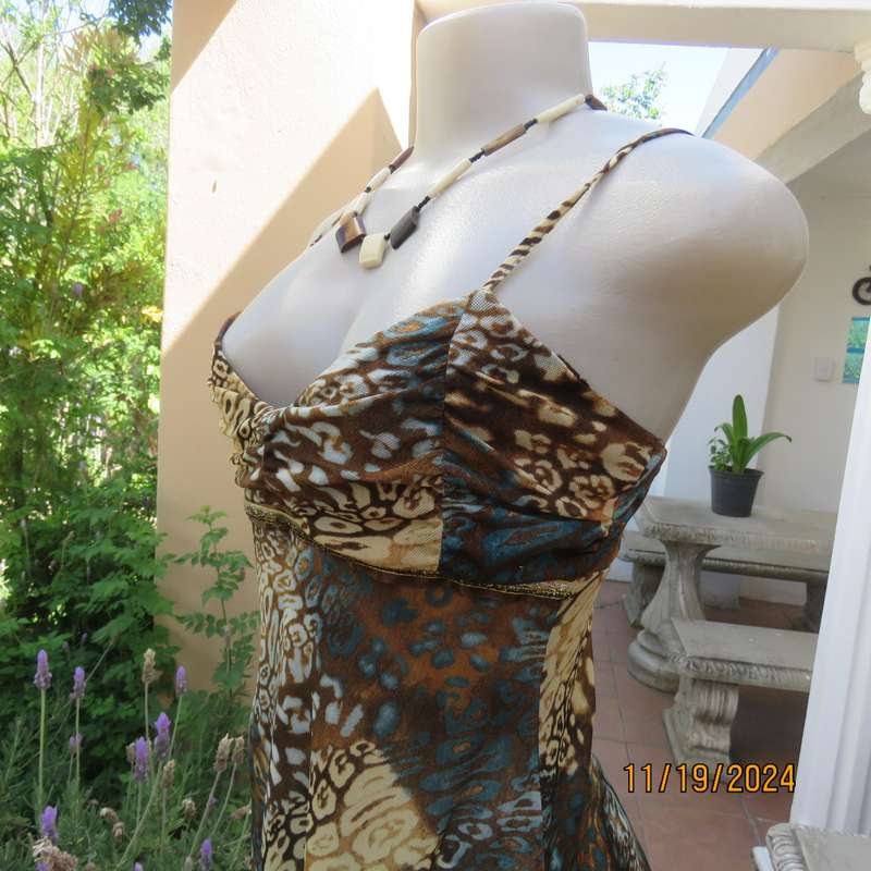 Cool Strappy Top in Jade-Brown-Cream Mesh Nylon Stretch, Size 34, Empire