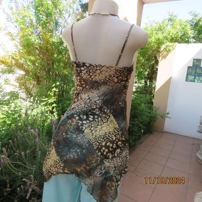 Cool Strappy Top in Jade-Brown-Cream Mesh Nylon Stretch, Size 34, Empire