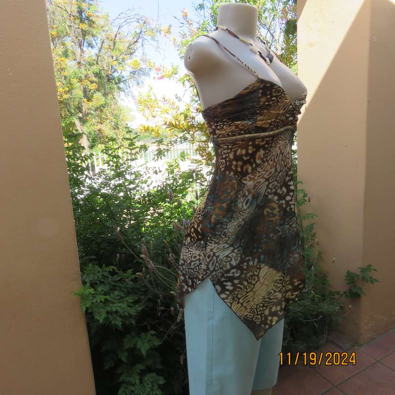 Cool Strappy Top in Jade-Brown-Cream Mesh Nylon Stretch, Size 34, Empire