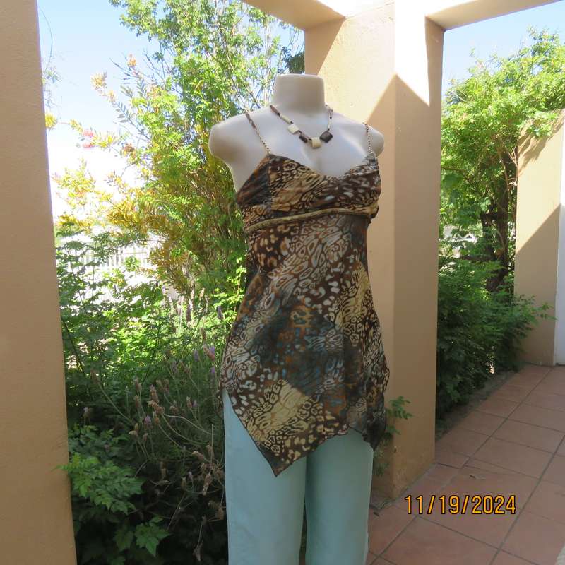 Cool Strappy Top in Jade-Brown-Cream Mesh Nylon Stretch, Size 34, Empire
