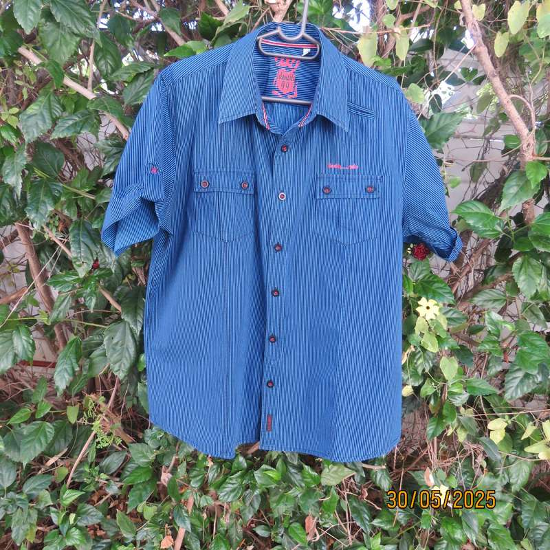 IDENTITY casual black-jade vertical striped short sleeve stretch cotton shirt size Large