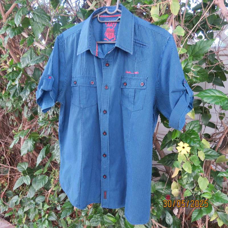 IDENTITY casual black-jade vertical striped short sleeve stretch cotton shirt size Large