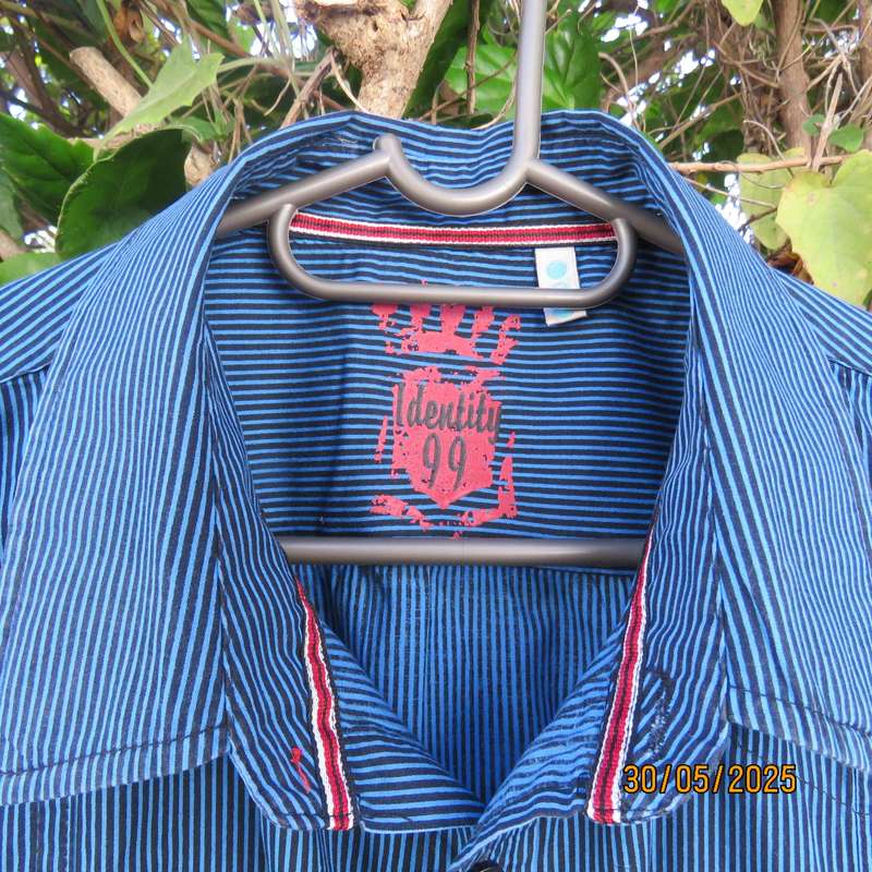 IDENTITY casual black-jade vertical striped short sleeve stretch cotton shirt size Large