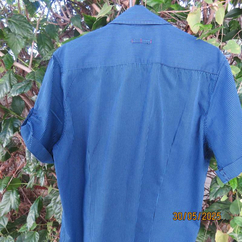 IDENTITY casual black-jade vertical striped short sleeve stretch cotton shirt size Large