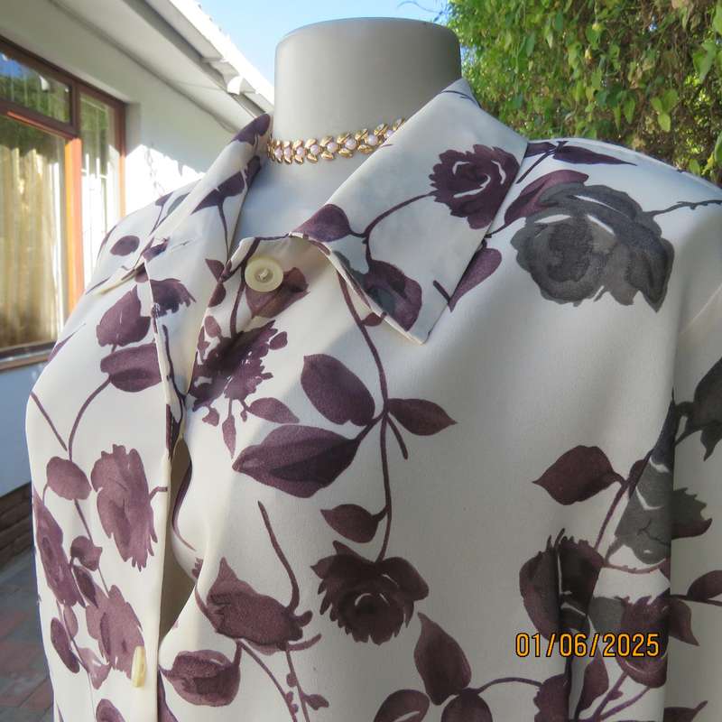 BY DESIGN rich cream long sleeves top  with burgundy-grey roses. Size 38-40