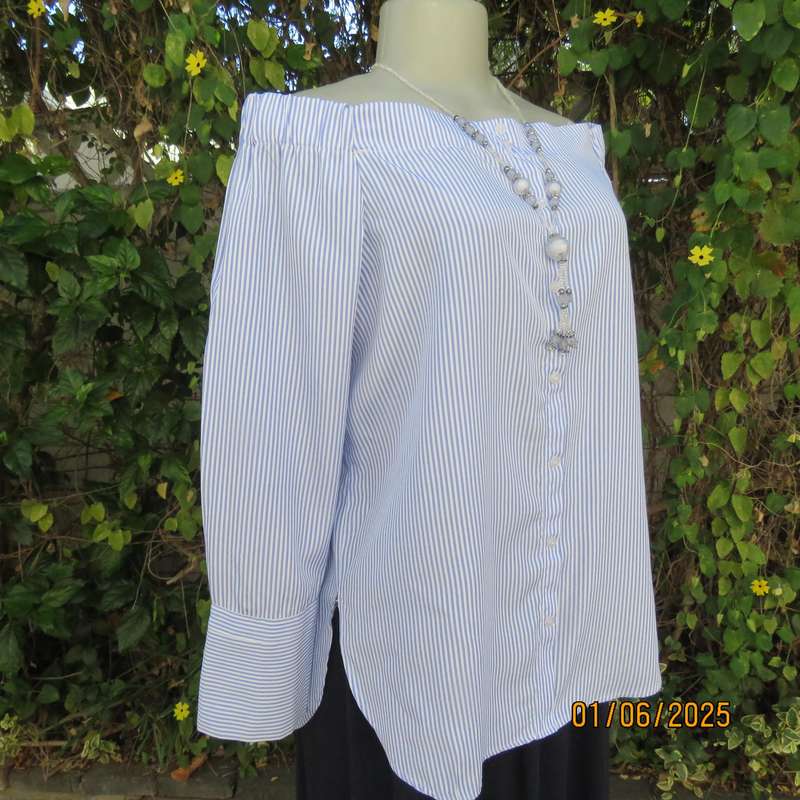 Off the shoulder white-blue vertical striped slip over size 38 top in polyester by FIX