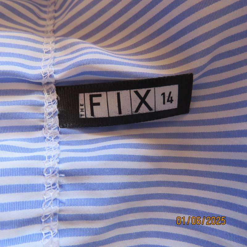 Off the shoulder white-blue vertical striped slip over size 38 top in polyester by FIX
