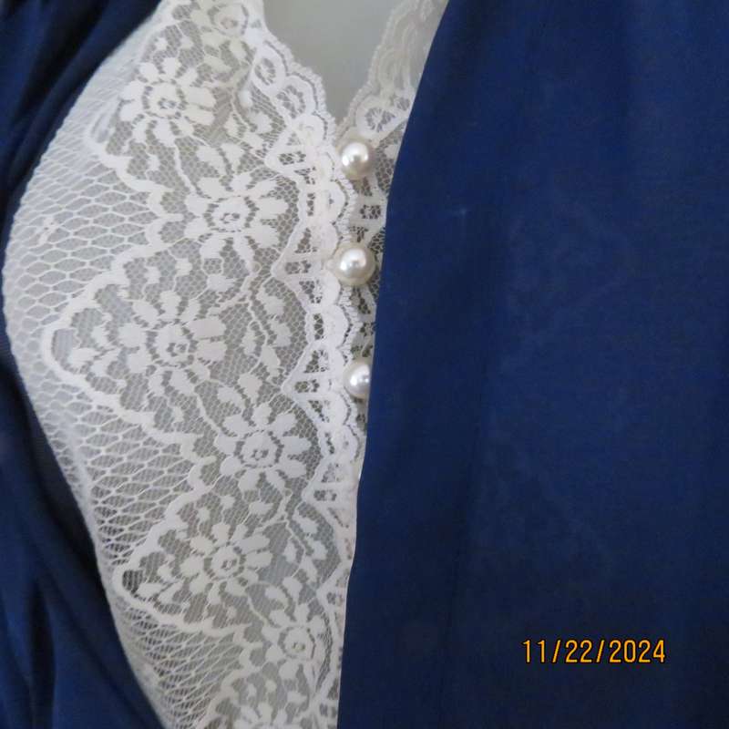 Amazing navy SHUBETTE of LONDON vintage long sleeves sheer polyester dress. Size 36.Lined.Cream lace