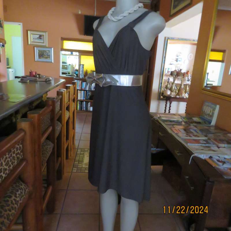 BALADU smoke grey stretch polyester smart casual dress.High-low seamline. Size 38.Cross over bust.