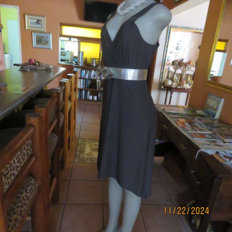 BALADU smoke grey stretch polyester smart casual dress.High-low seamline. Size 38.Cross over bust.