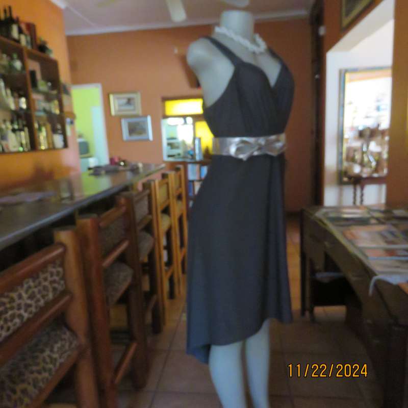 BALADU smoke grey stretch polyester smart casual dress.High-low seamline. Size 38.Cross over bust.