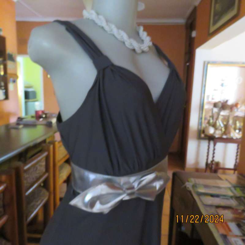 BALADU smoke grey stretch polyester smart casual dress.High-low seamline. Size 38.Cross over bust.