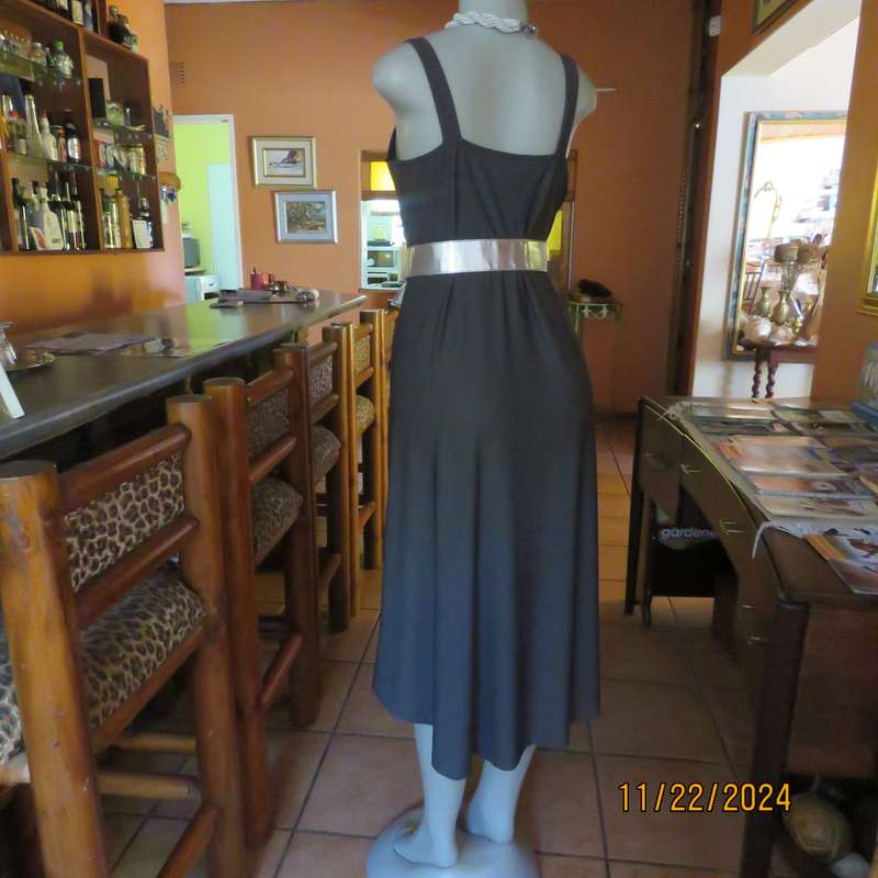 BALADU smoke grey stretch polyester smart casual dress.High-low seamline. Size 38.Cross over bust.
