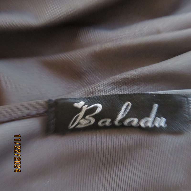 BALADU smoke grey stretch polyester smart casual dress.High-low seamline. Size 38.Cross over bust.