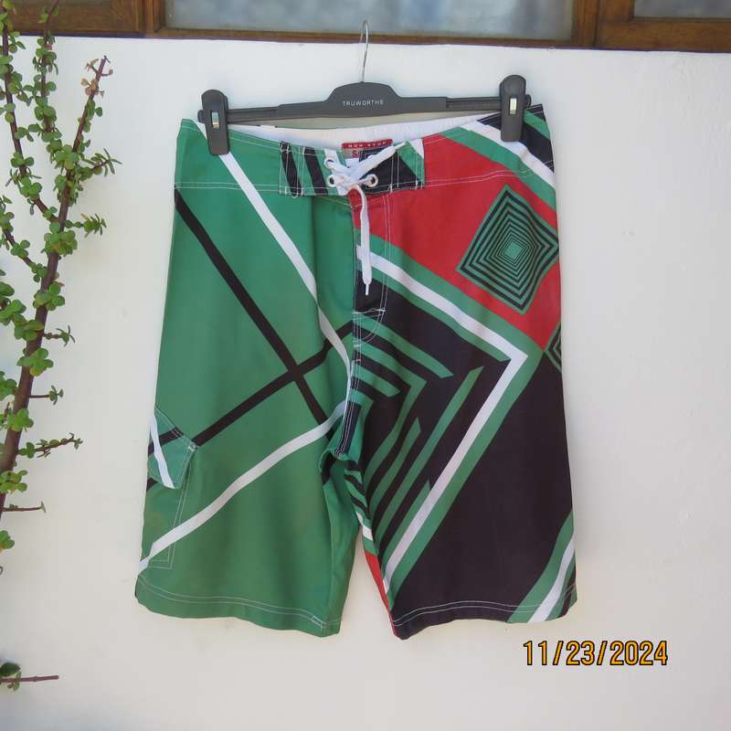 SOFICH Non Stop men's boardshorts in red-green-black and white graphic print. Size 34.As new.
