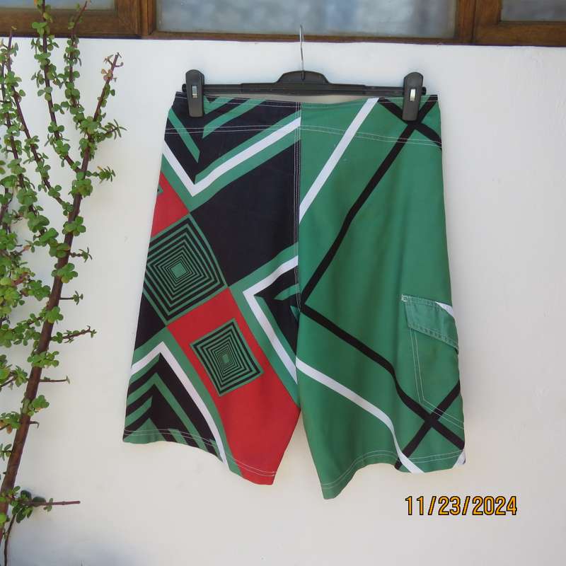 SOFICH Non Stop men's boardshorts in red-green-black and white graphic print. Size 34.As new.