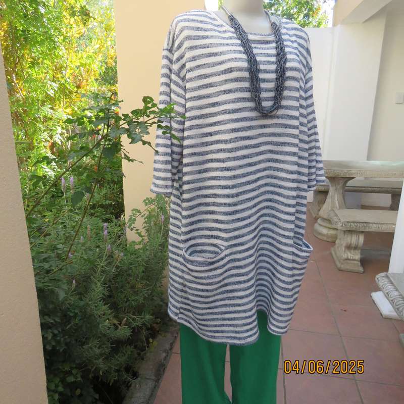 Extra long navy-white horizontal striped polyester-acrylic stretch knit top. Size 46 to 48