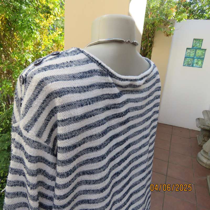 Extra long navy-white horizontal striped polyester-acrylic stretch knit top. Size 46 to 48