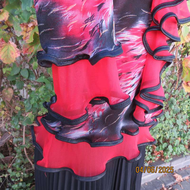 Glamour long sleeve top in red-black-grey sheer polyester. Frilled long sleeves. Size 32