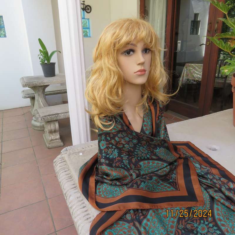 Beautiful silky soft polyester square in golden grown-black and green paisley pattern. 107cm x 107cm