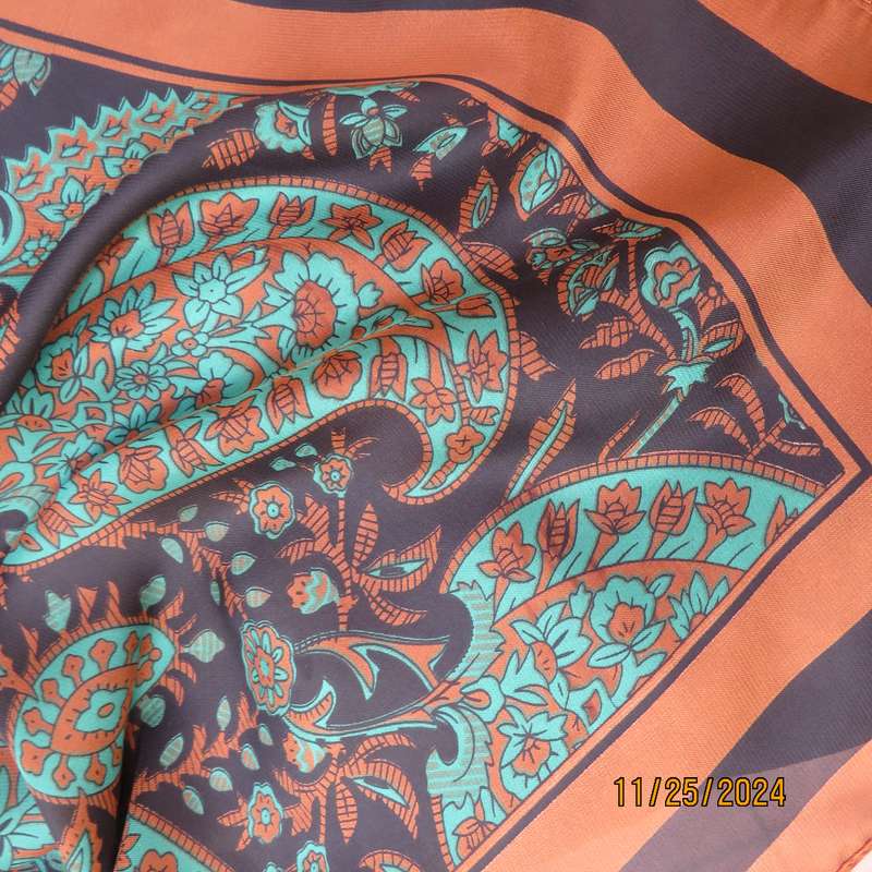Beautiful silky soft polyester square in golden grown-black and green paisley pattern. 107cm x 107cm