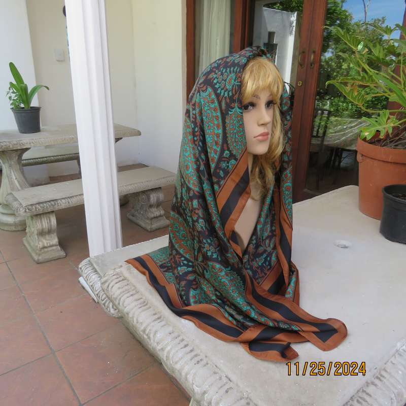 Beautiful silky soft polyester square in golden grown-black and green paisley pattern. 107cm x 107cm
