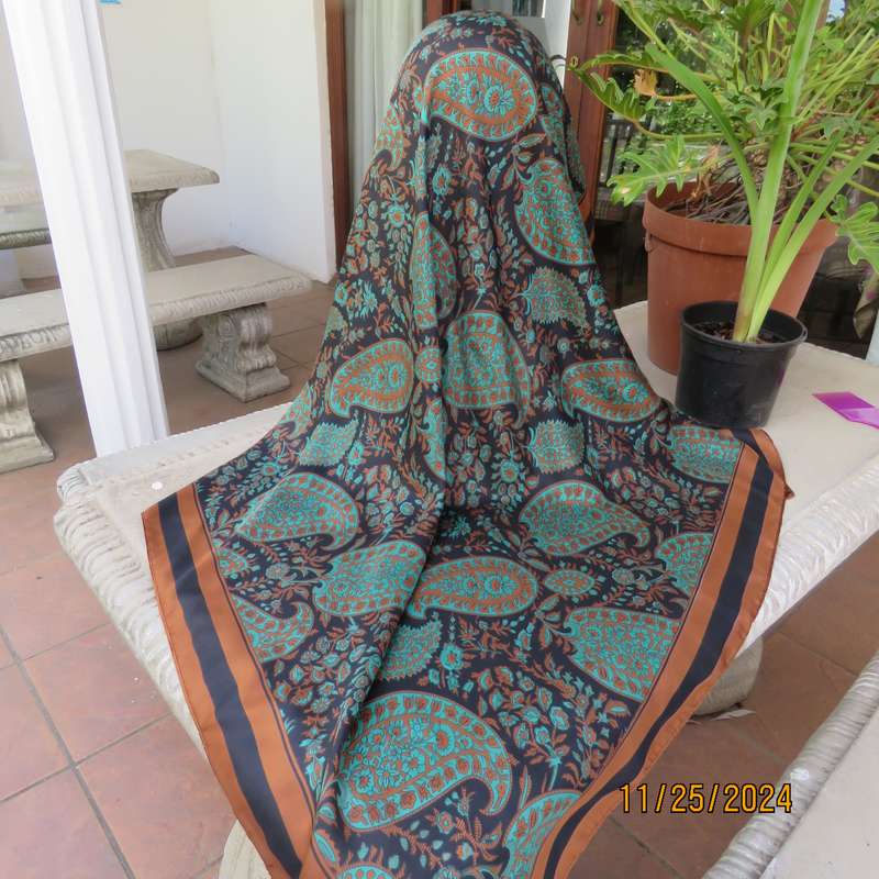 Beautiful silky soft polyester square in golden grown-black and green paisley pattern. 107cm x 107cm