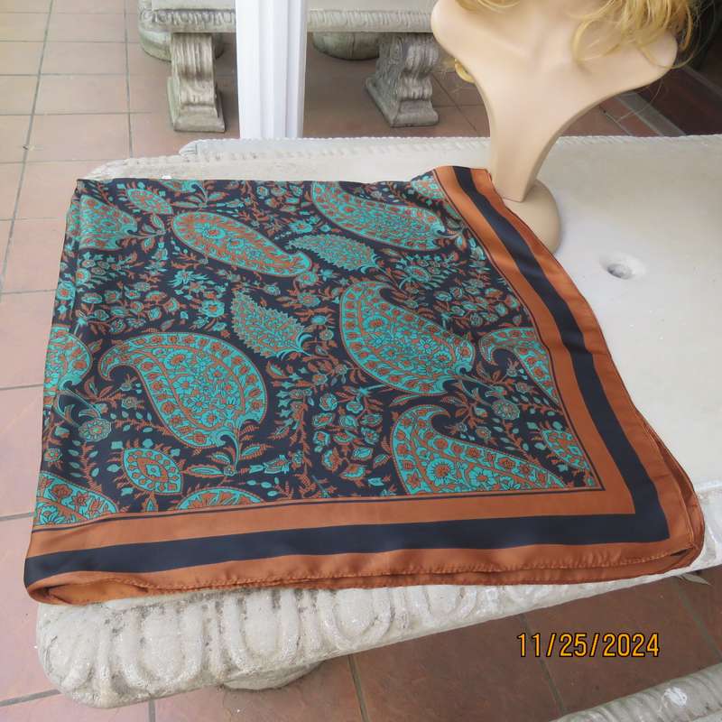 Beautiful silky soft polyester square in golden grown-black and green paisley pattern. 107cm x 107cm