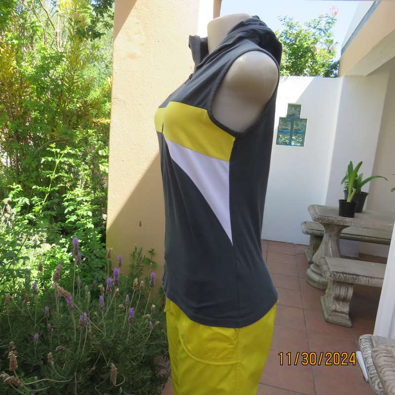Attractive MAXED hooded dark grey-yellow stripe-white breathing fabric top. Size 34.Zip-up front.