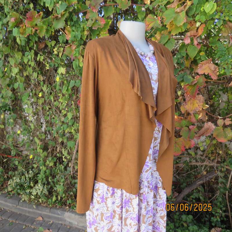 AUDACITY golden brown suede look open waterfall style soft stretch polyester jacket size 40