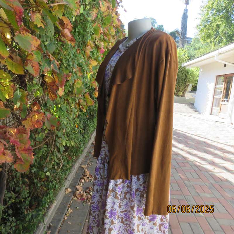 AUDACITY golden brown suede look open waterfall style soft stretch polyester jacket size 40