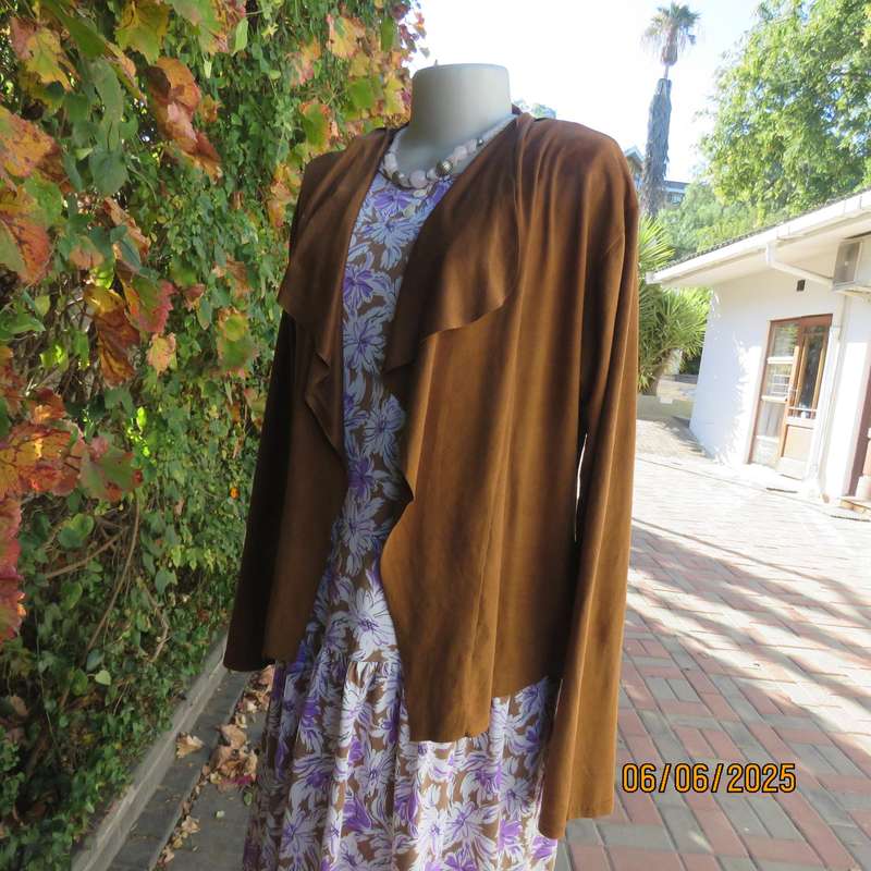 AUDACITY golden brown suede look open waterfall style soft stretch polyester jacket size 40