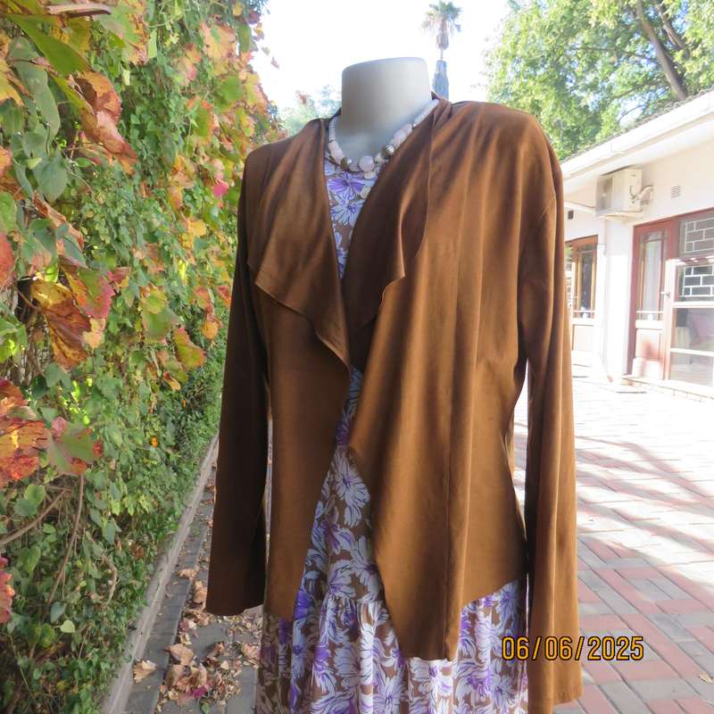 AUDACITY golden brown suede look open waterfall style soft stretch polyester jacket size 40