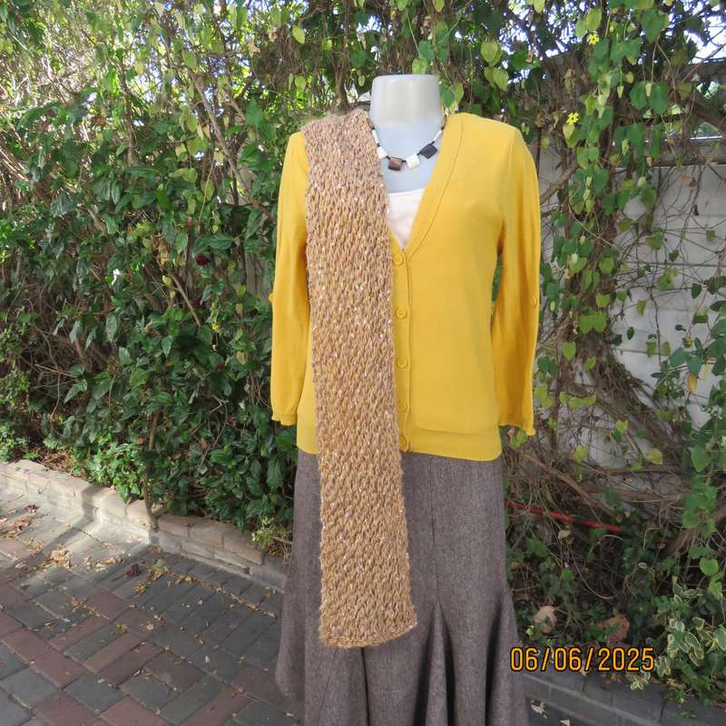 Warm handknitted scarf size 180cm x 25cm in tan-cream-gold acrylic-ribbon.