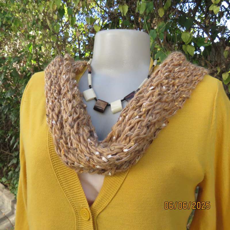 Warm handknitted scarf size 180cm x 25cm in tan-cream-gold acrylic-ribbon.