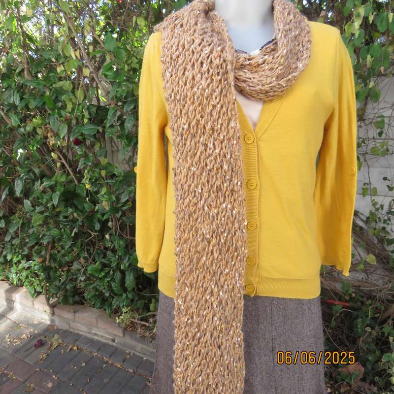 Warm handknitted scarf size 180cm x 25cm in tan-cream-gold acrylic-ribbon.
