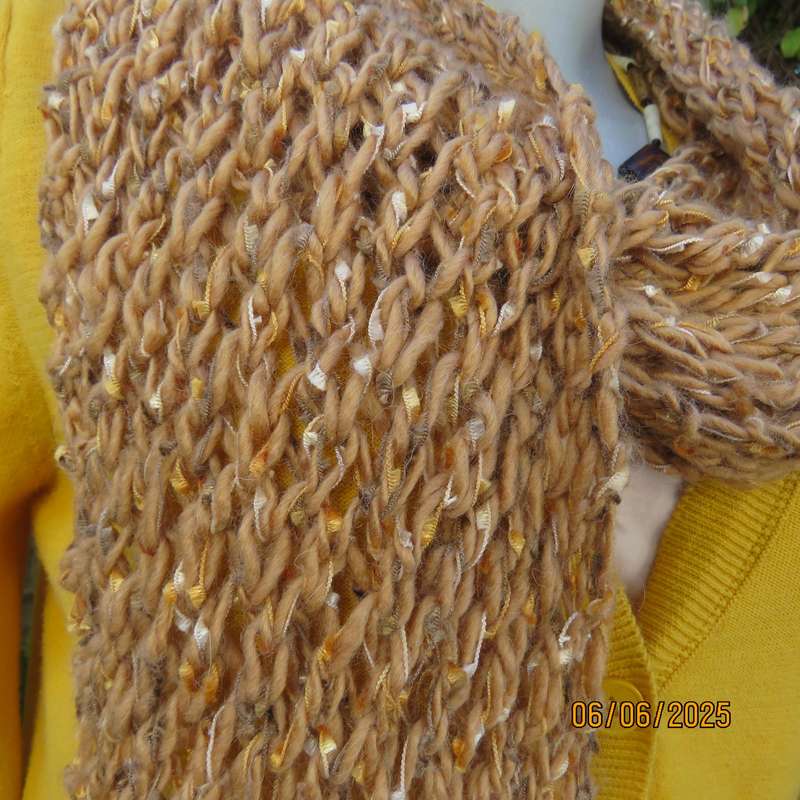 Warm handknitted scarf size 180cm x 25cm in tan-cream-gold acrylic-ribbon.