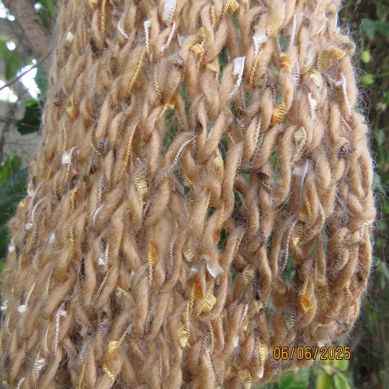 Warm handknitted scarf size 180cm x 25cm in tan-cream-gold acrylic-ribbon.