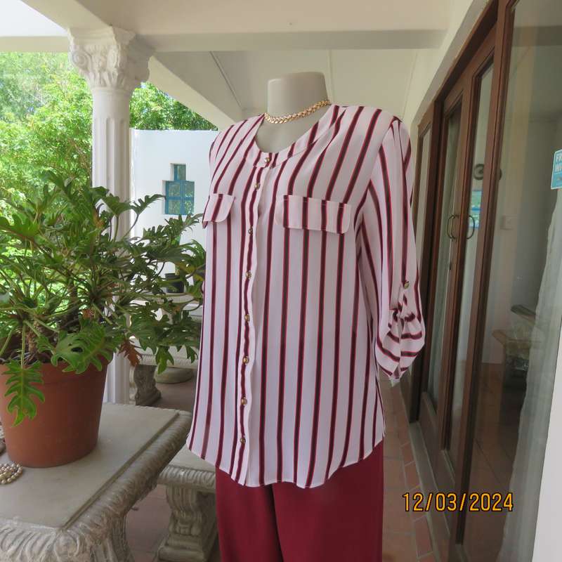 CONTEMPO sheer white polyester button down top with vertical black-red stripes.Size 36.As new