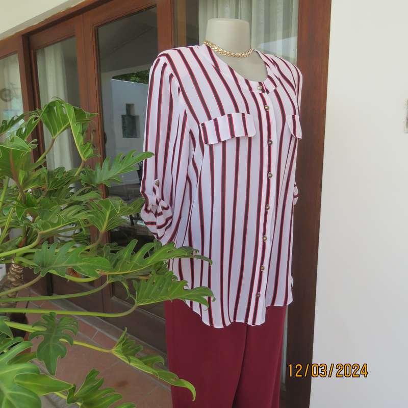 CONTEMPO sheer white polyester button down top with vertical black-red stripes.Size 36.As new