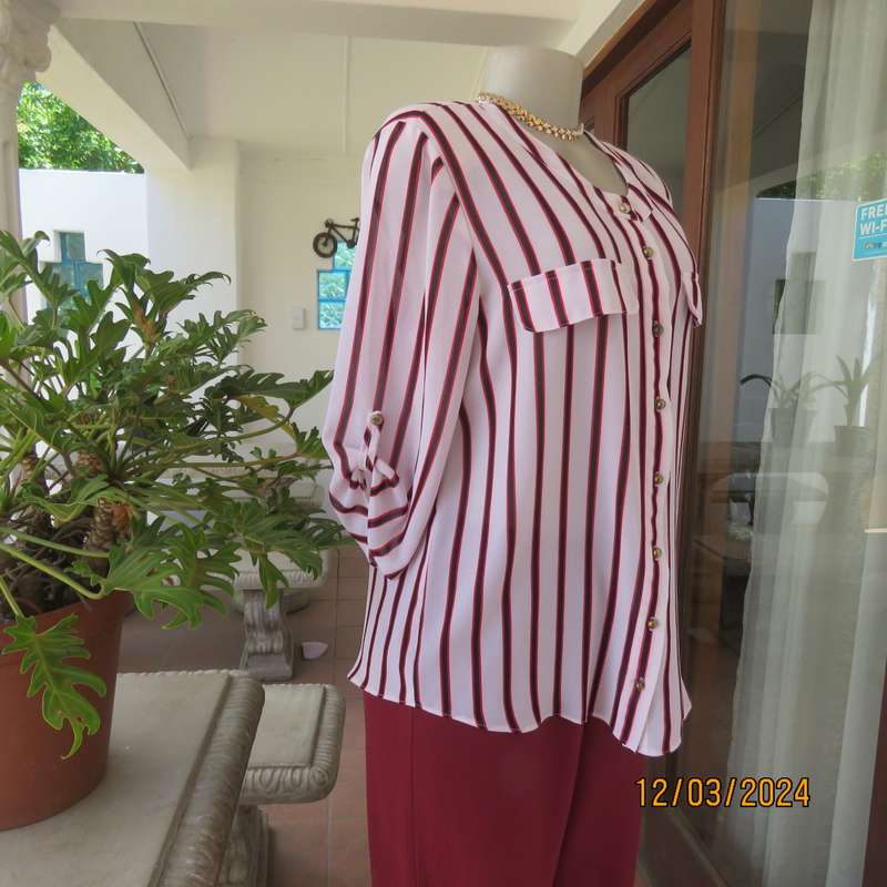 CONTEMPO sheer white polyester button down top with vertical black-red stripes.Size 36.As new