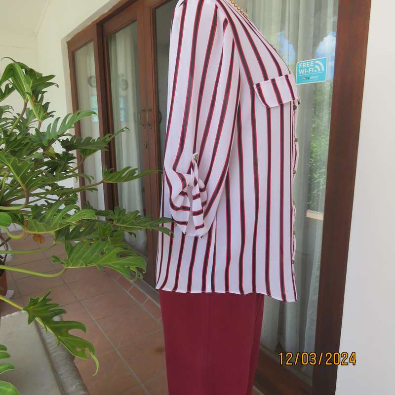 CONTEMPO sheer white polyester button down top with vertical black-red stripes.Size 36.As new