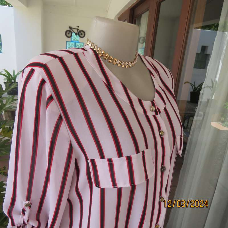 CONTEMPO sheer white polyester button down top with vertical black-red stripes.Size 36.As new