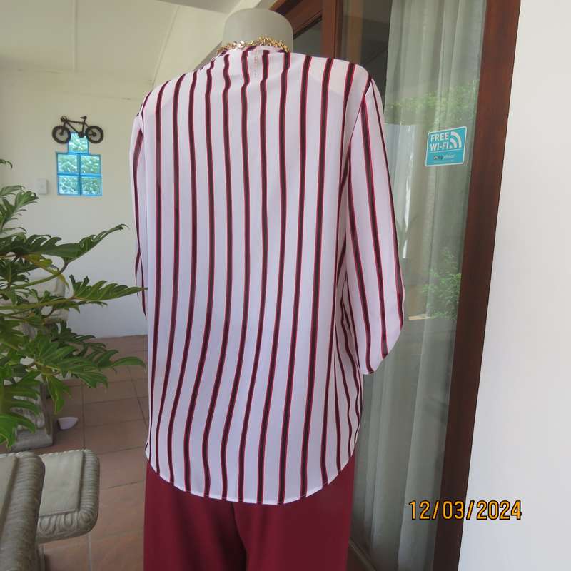 CONTEMPO sheer white polyester button down top with vertical black-red stripes.Size 36.As new