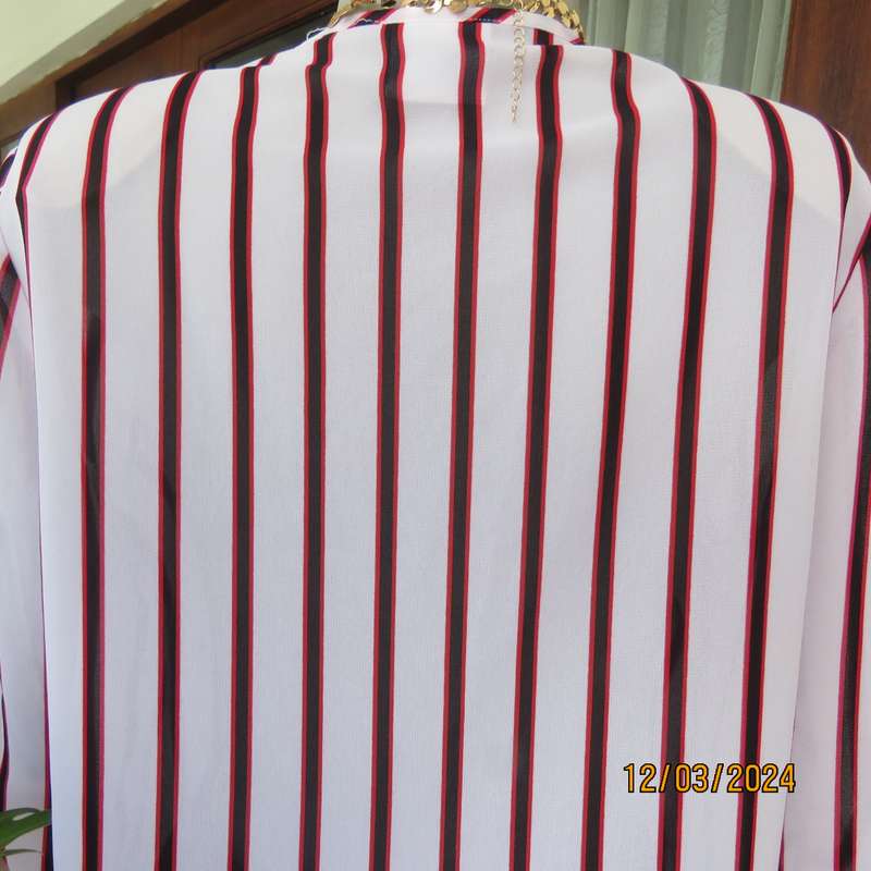 CONTEMPO sheer white polyester button down top with vertical black-red stripes.Size 36.As new