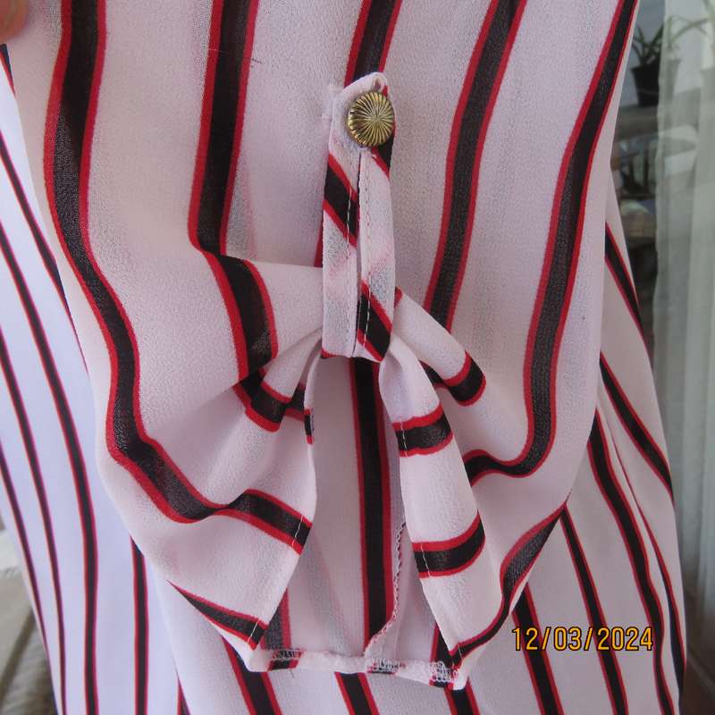 CONTEMPO sheer white polyester button down top with vertical black-red stripes.Size 36.As new