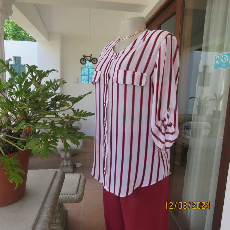 CONTEMPO sheer white polyester button down top with vertical black-red stripes.Size 36.As new