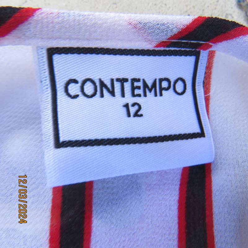 CONTEMPO sheer white polyester button down top with vertical black-red stripes.Size 36.As new