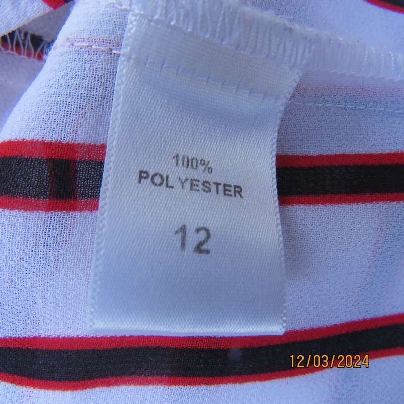 CONTEMPO sheer white polyester button down top with vertical black-red stripes.Size 36.As new
