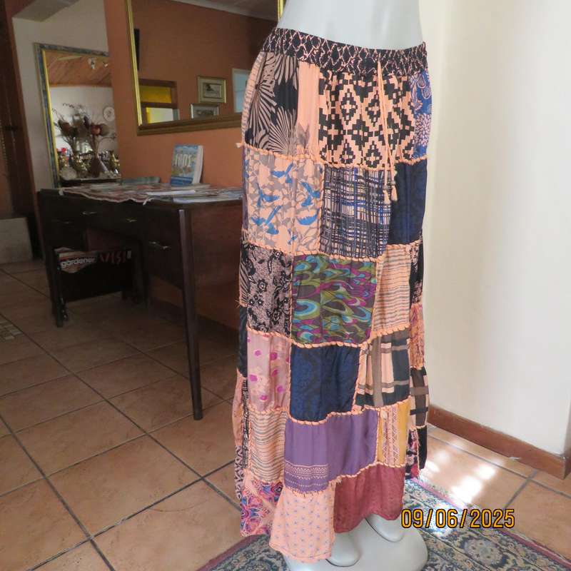Patchwork ankle length ethnic skirt size 38-42. Elasticated waist-drawstring.